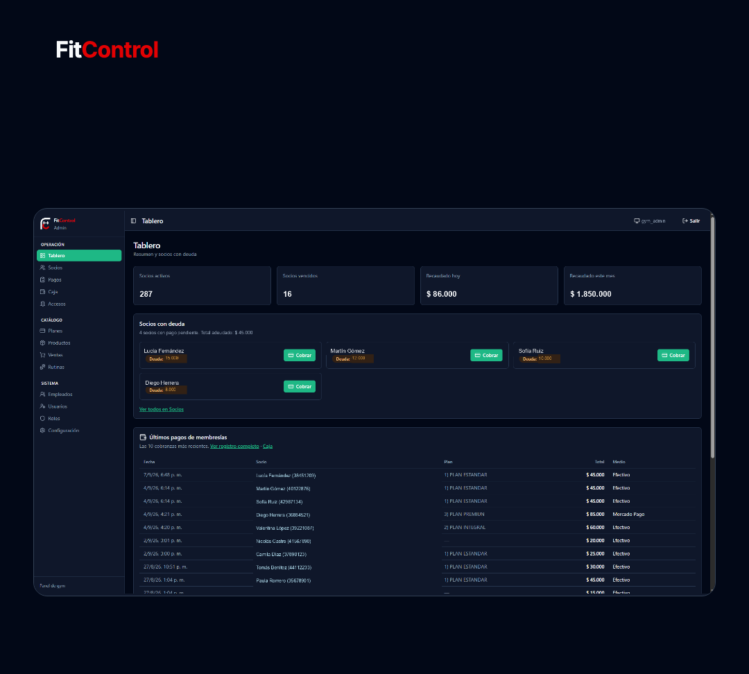 Panel web de FitControl con socios, deuda y caja