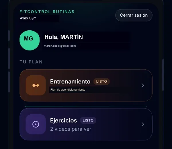 Portal de rutinas: el socio ve el ejercicio del día en el celular.